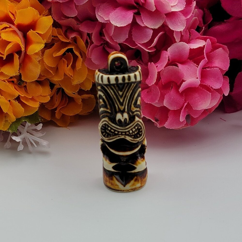 Hawaiian Tiki Statue Pendant 2" Brown Resin Good Luck Amulet Surf Beach